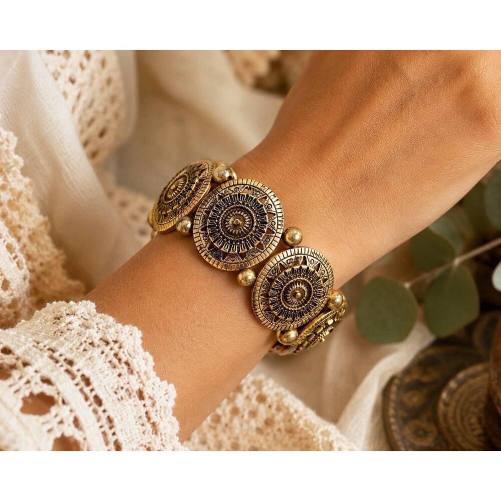 Vintage Gold Tone Medallion Stretch Bracelet Boho Tribal Aztec Statement